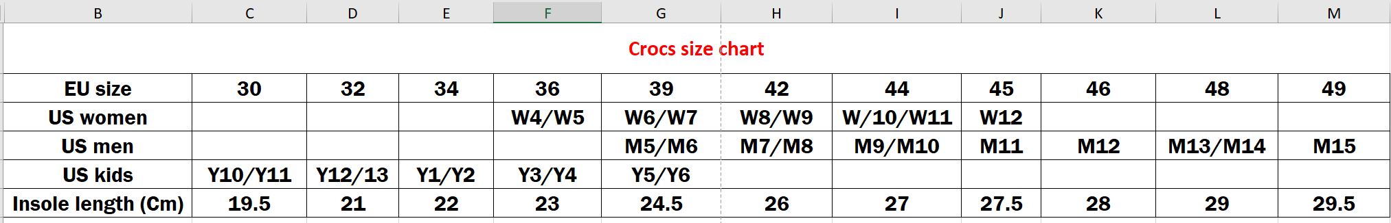 crocs shoe chart