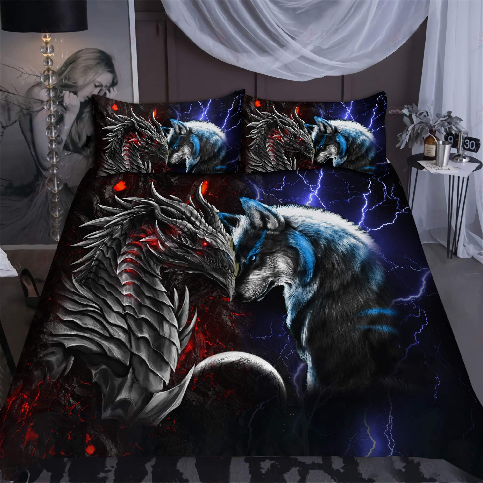Red and blue dragon and wolf bedding set