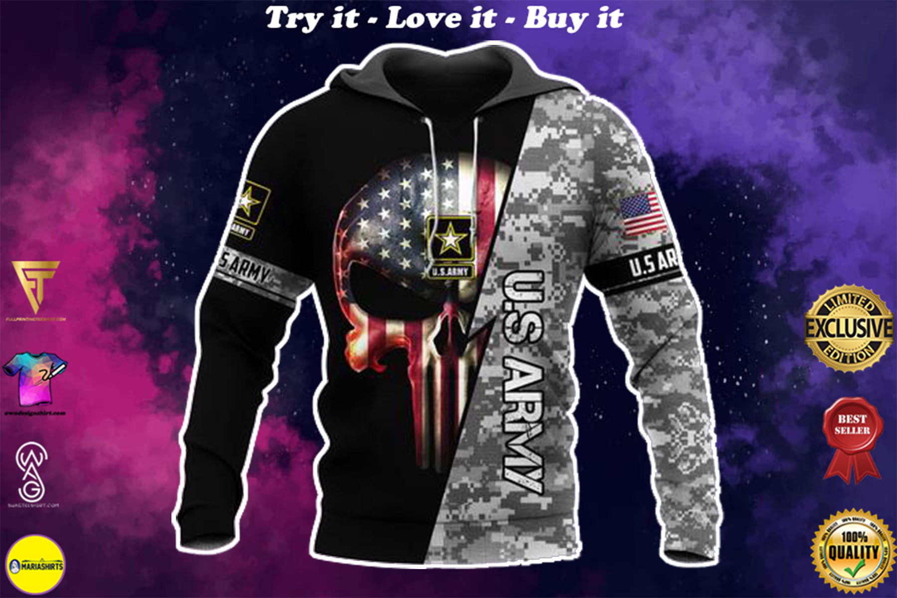 us army skull american flag camo full over printed shirt