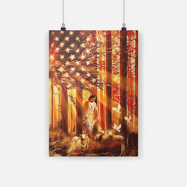 American flag Jesus walking with the lambs poster