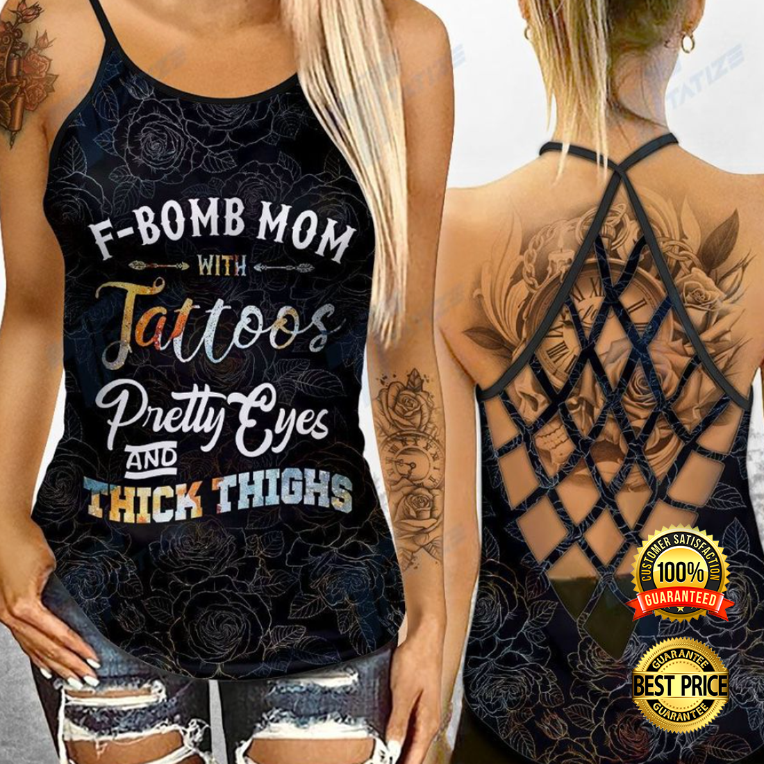F-bomb mom with tattoos pretty eyes and thick thighs criss-cross tank top 4