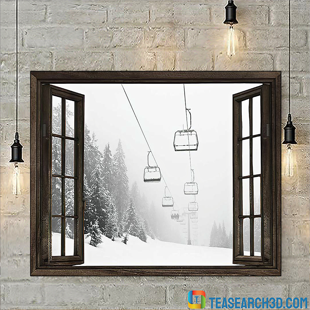 Skiing aerial tramway window poster
