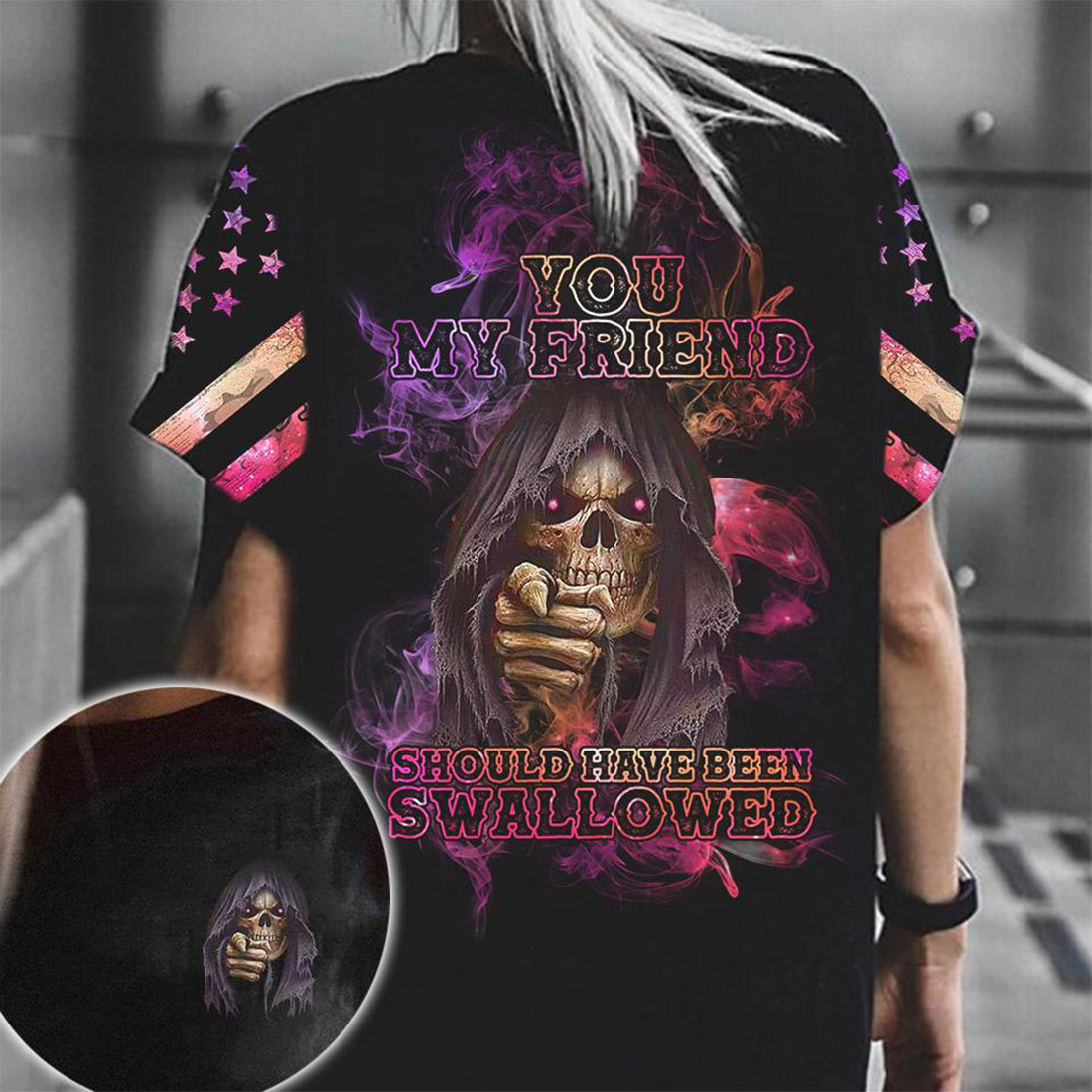 You my friend should have been swallowed all over printed t-shirt
