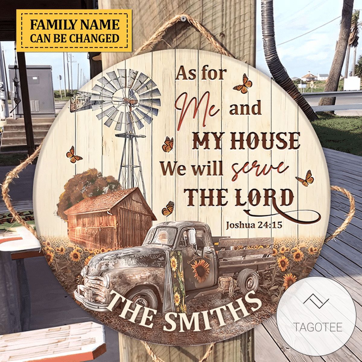 Personalized Farm House And Sunflower Field As For Me And My House We Will Serve The Lord Round Wood Signs