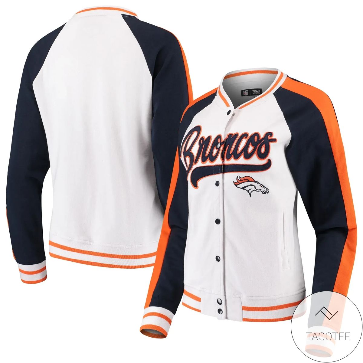 Denver Broncos Nfl National Football League New Era Women’s Varsity Full Snap Jacket White Navy Bomber Jacket Jacket