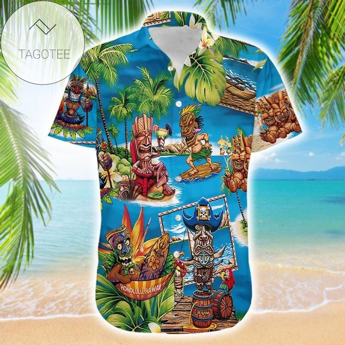 Amazing Tiki Surfing Enjoy Summer Blue Tropical Unisex Hawaiian Shirts