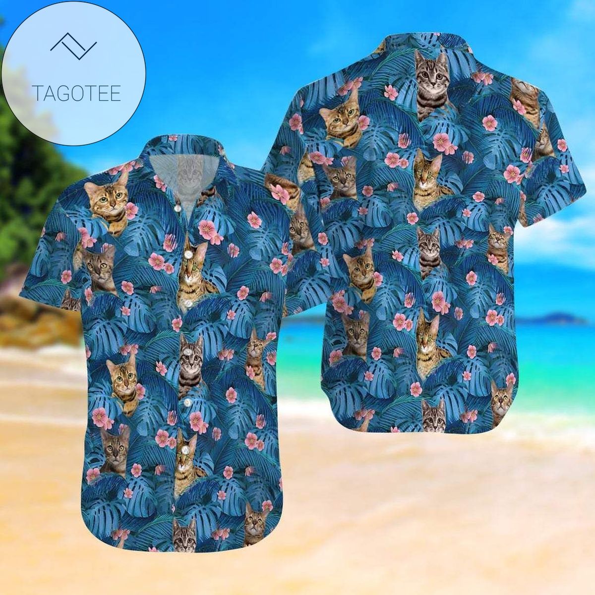 Cat Summer Vibe Blue Tropical Unisex Hawaiian Shirts