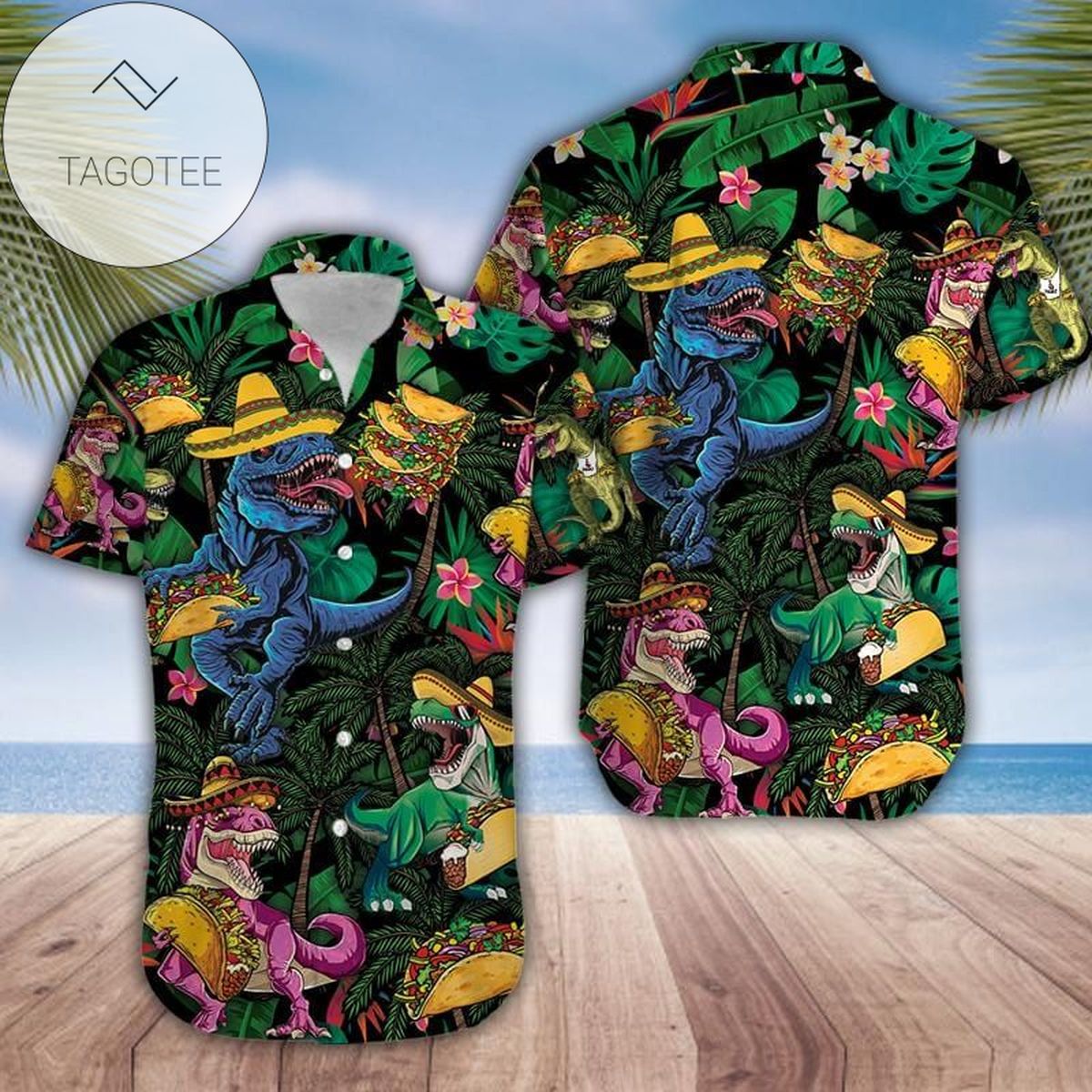 Dinosaur Love Tacos Summer Vibe Green Unisex Hawaiian Shirts