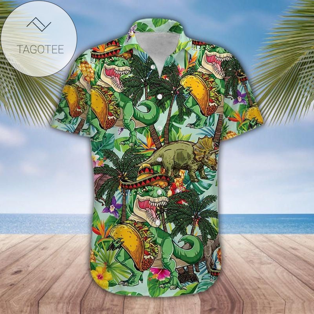 Funny Tacos T-rex Green Unisex Hawaiian Shirts