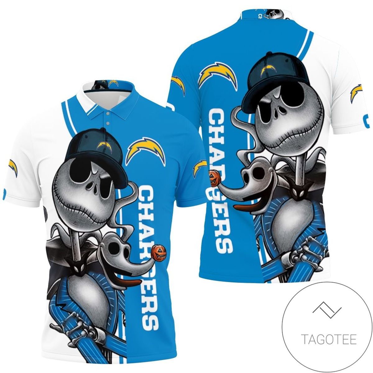 Los Angeles Chargers Jack Skellington And Zero All Over Print Polo Shirt