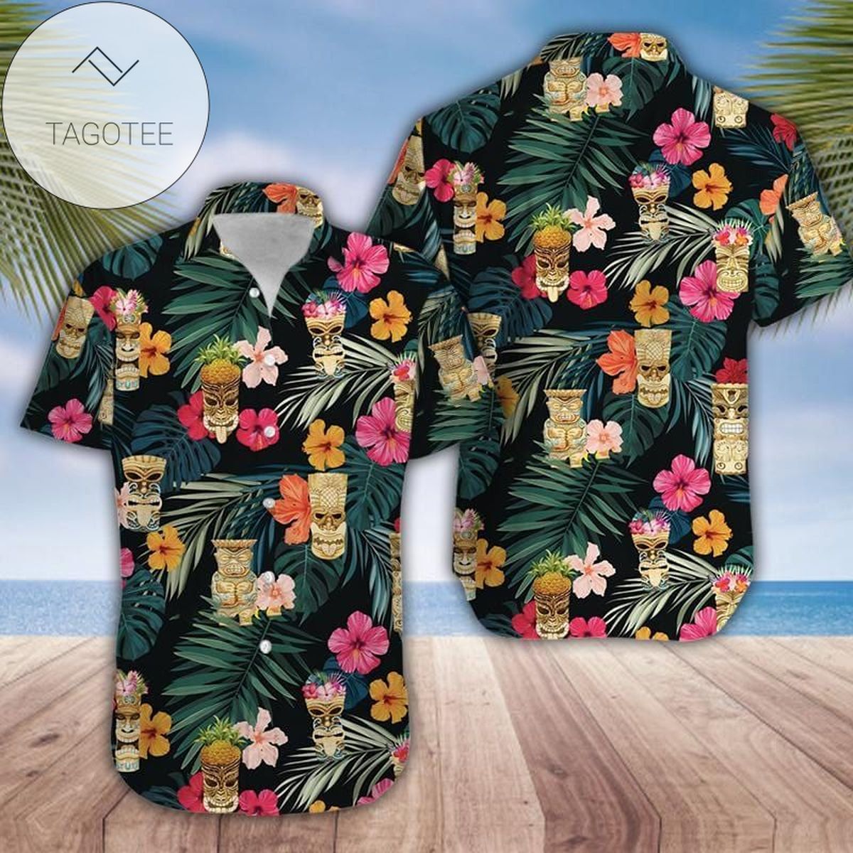 Simple Tiki Summer Vibe Tropical Green Black Unisex Hawaiian Shirts