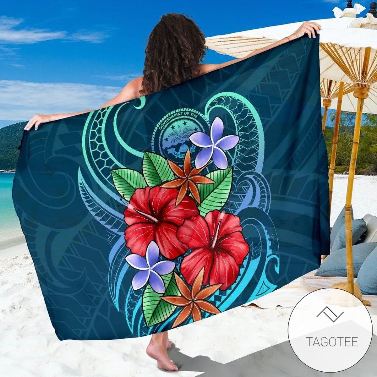 Federated States of Micronesia Sarong Blue Pattern With Tropical Flowers Hawaiian Pareo Beach Wrap