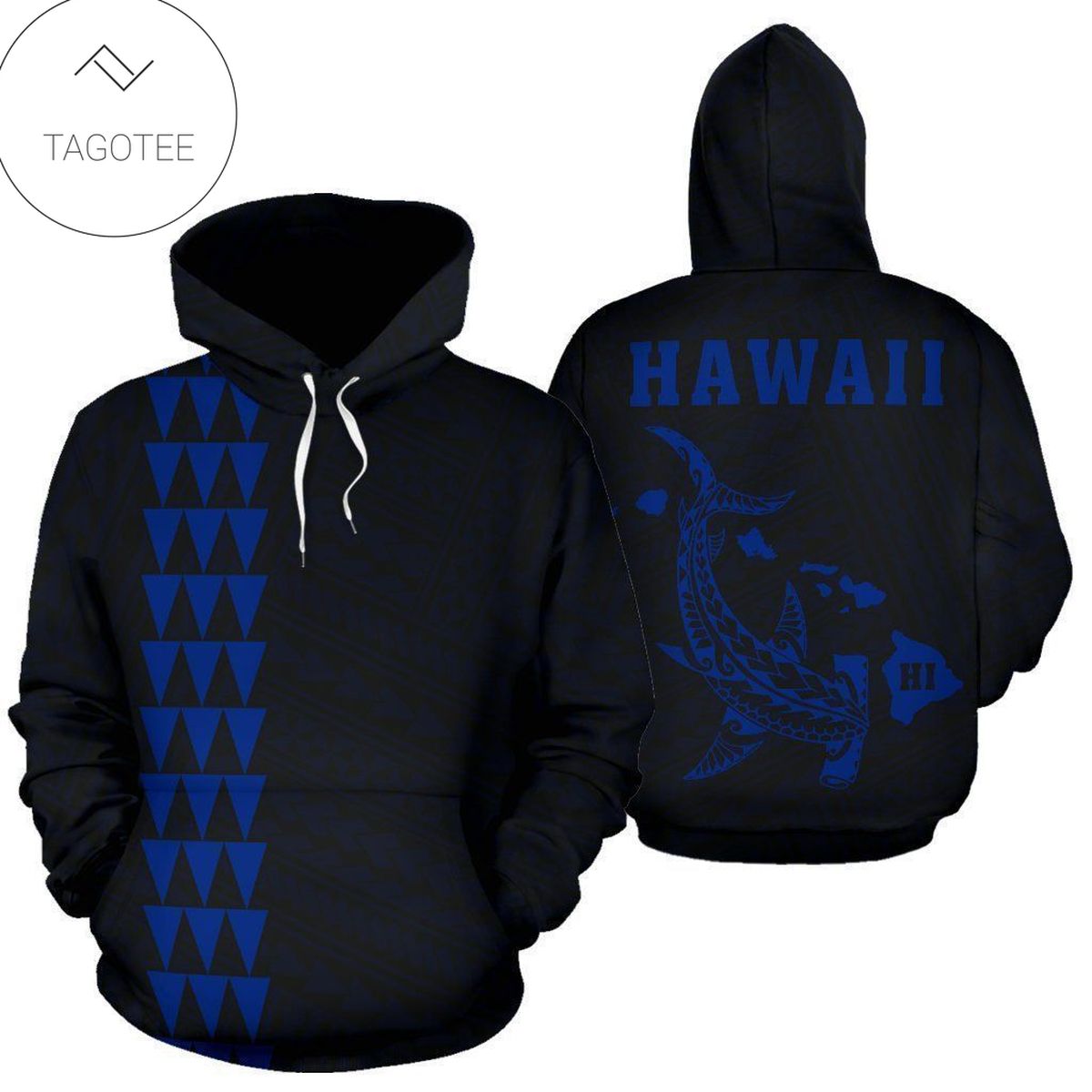 Hawaii Kakau Polynesian Blue Hammerhead Shark Hoodie