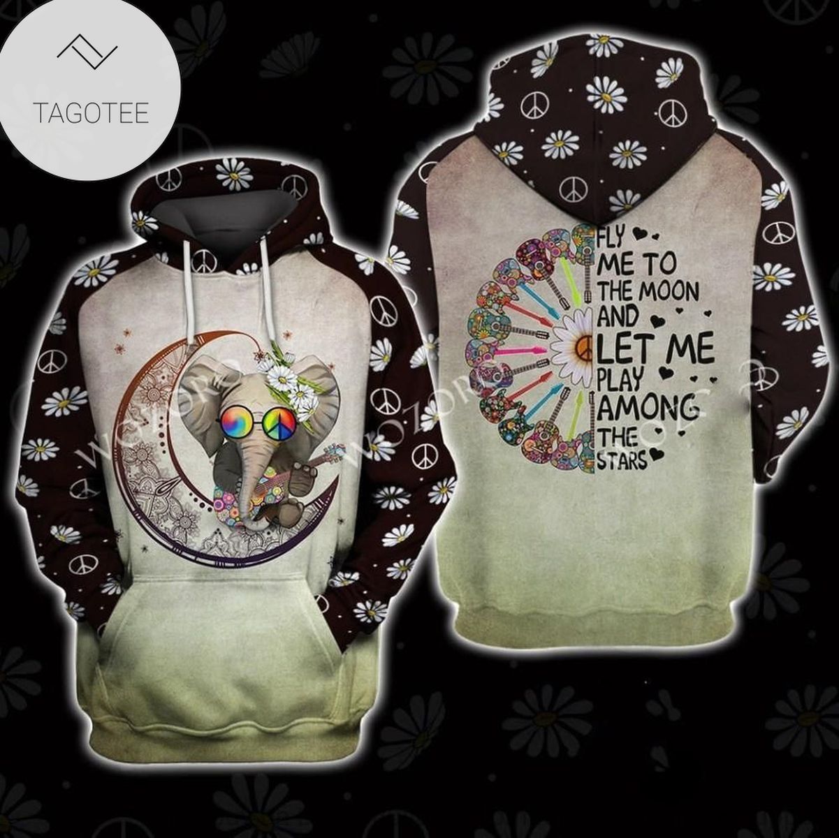 Hippie Fly Me To The Moon Elephant Hoodie