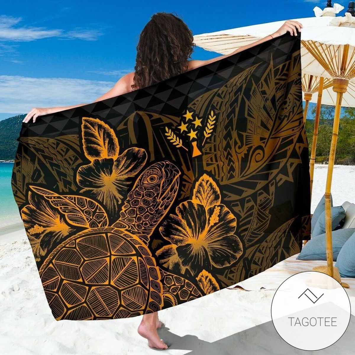Kosrae Sarong Turtle Hibiscus Pattern Gold Hawaiian Pareo Beach Wrap