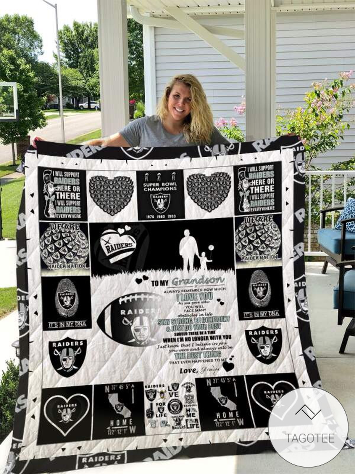 Oakland Raiders To My Grandson Love Grandpa Quilt Blanket