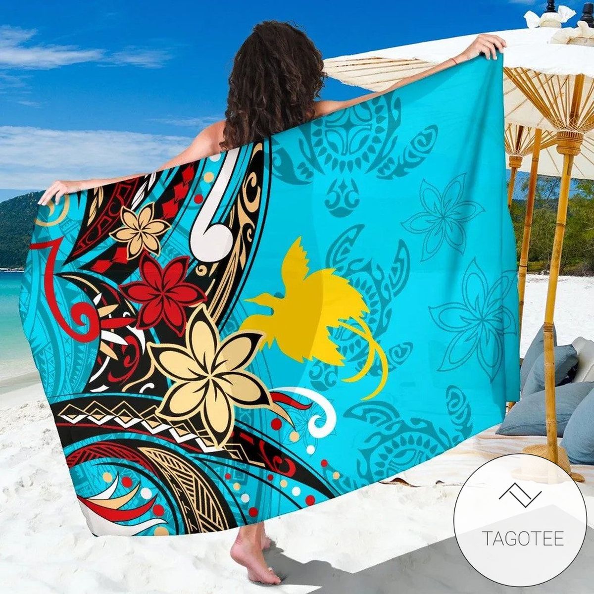 Papua New Guinea Sarong Tribal Flower With Special Turtles Blue Color Hawaiian Pareo Beach Wrap