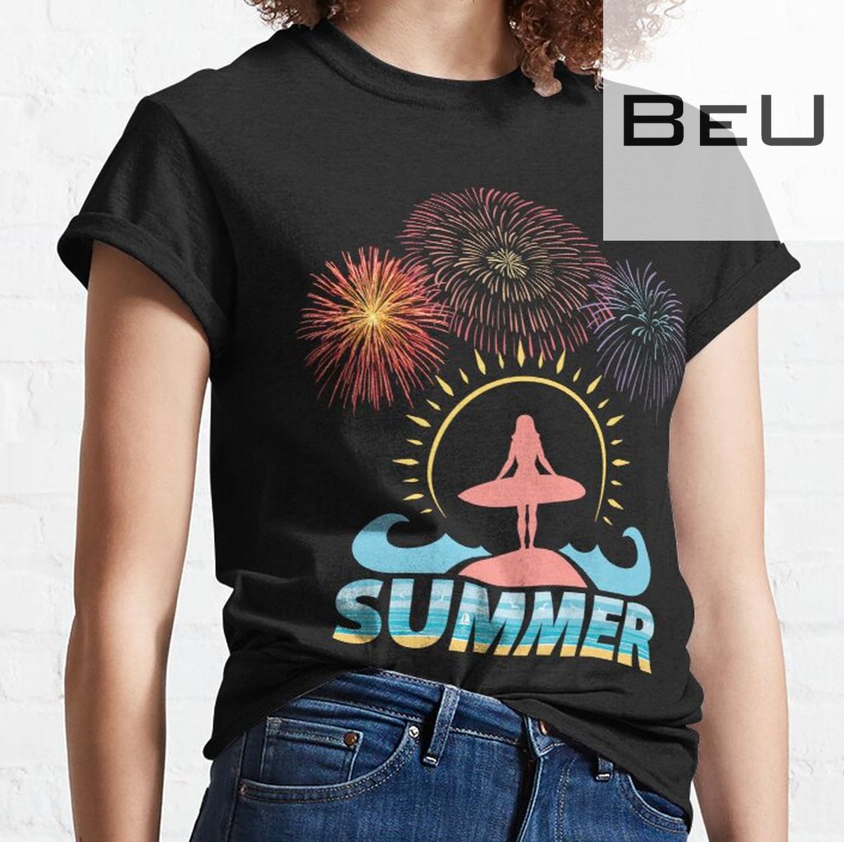 Summer Beach With Fireworks And Surfer Girl - Summer Theme T-shirt