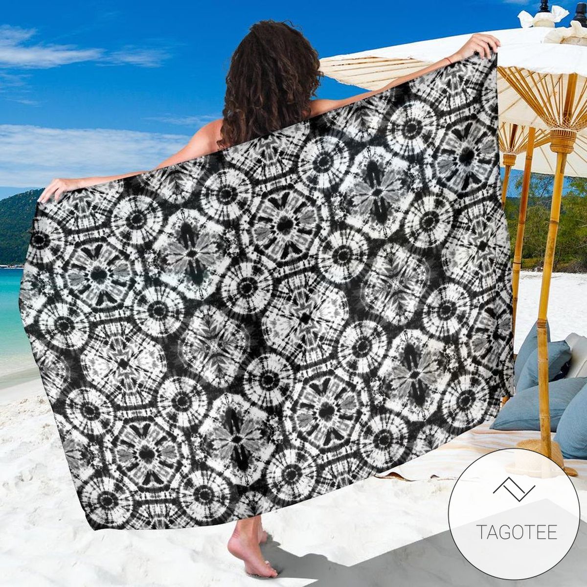Tie Dye Black White Design Print Sarong Womens Swimsuit Hawaiian Pareo Beach Wrap