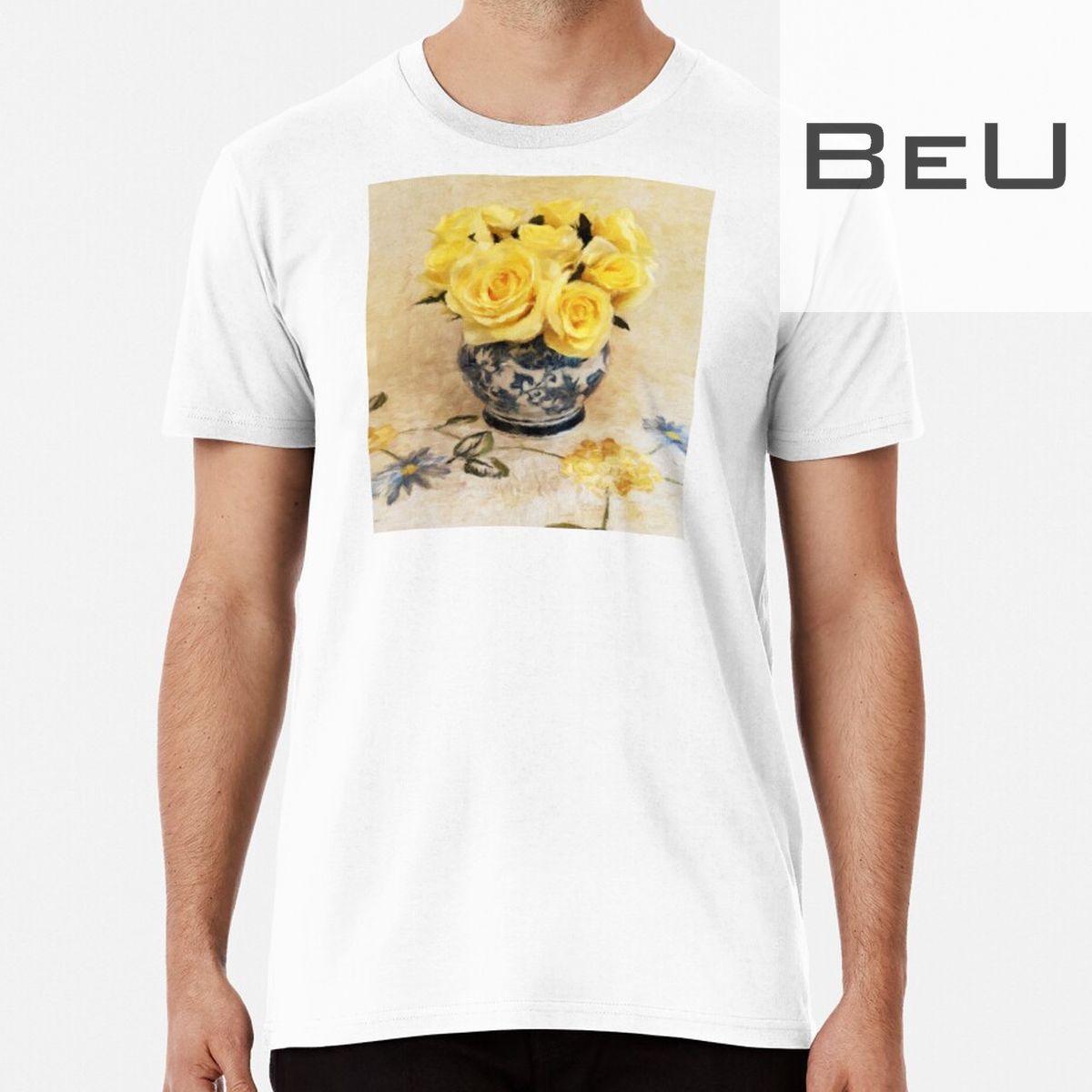 Yellow Roses In Blue And White Vase T-shirt