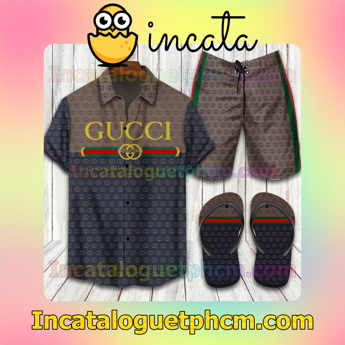 Gucci 2022 Brown And Black Aloha Shirt And Shorts
