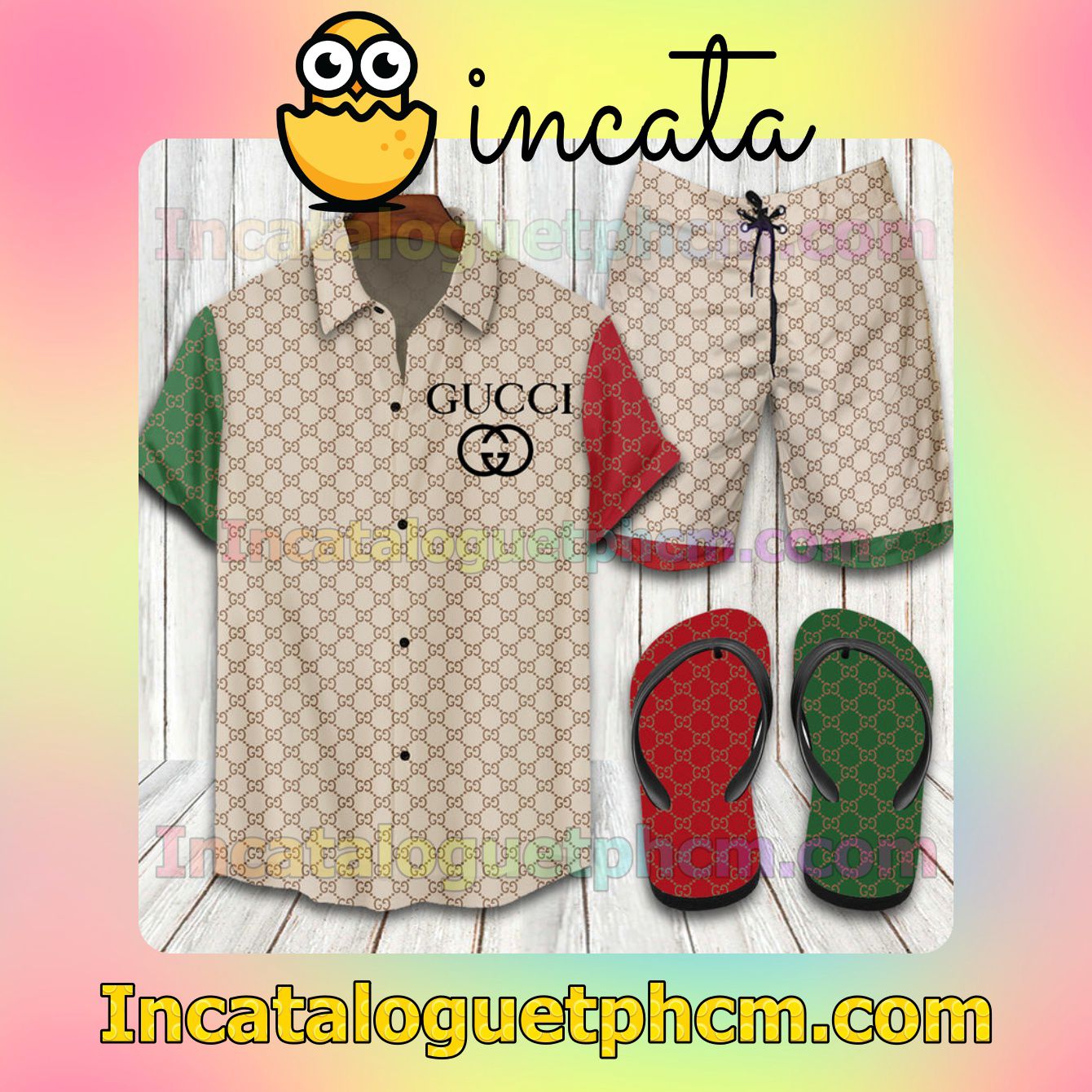 Gucci 2022 Green And Red Aloha Shirt And Shorts