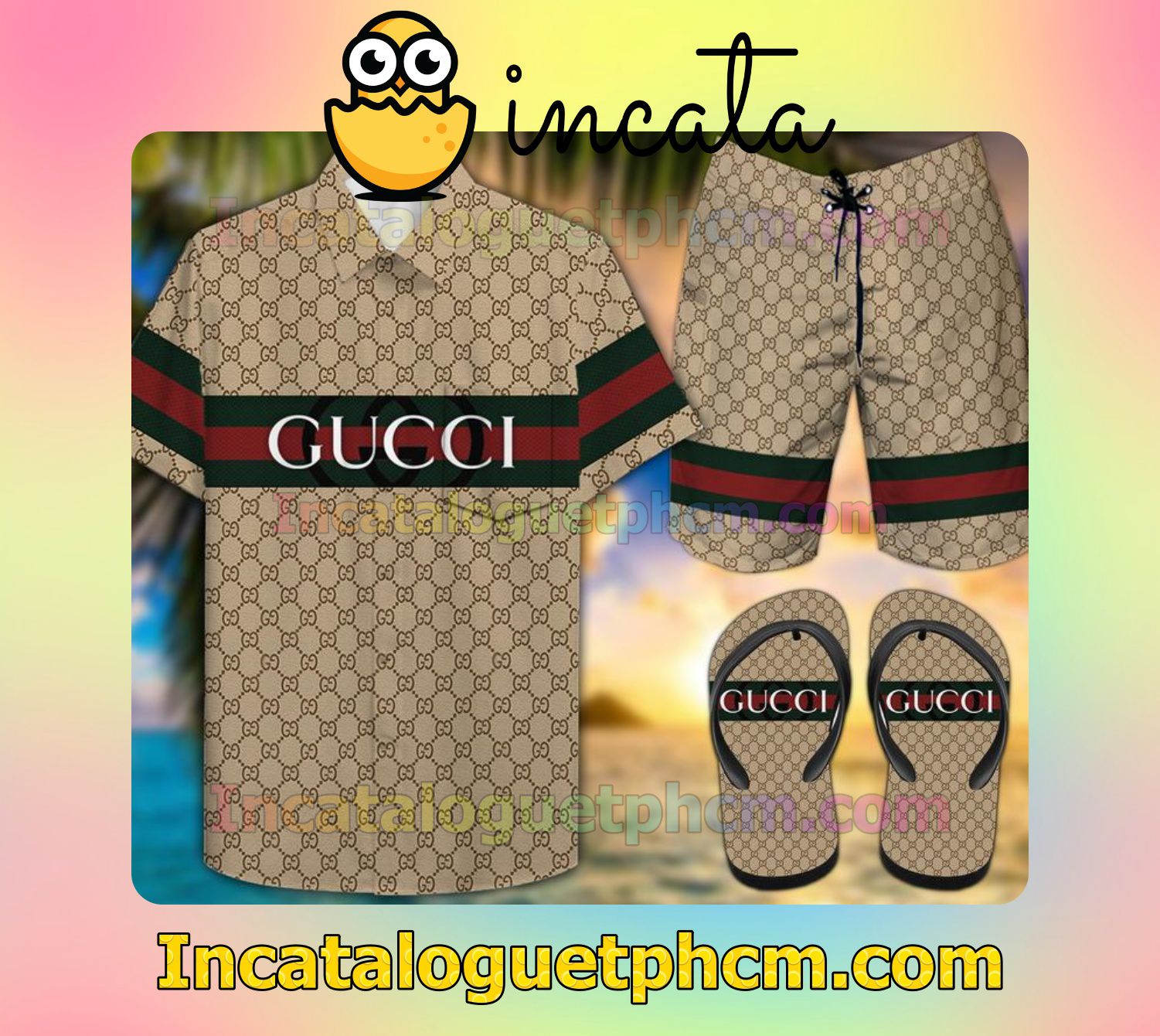 Gucci Two-Color Horizontal Stripe With Gucci Lettering Aloha Shirt And Shorts