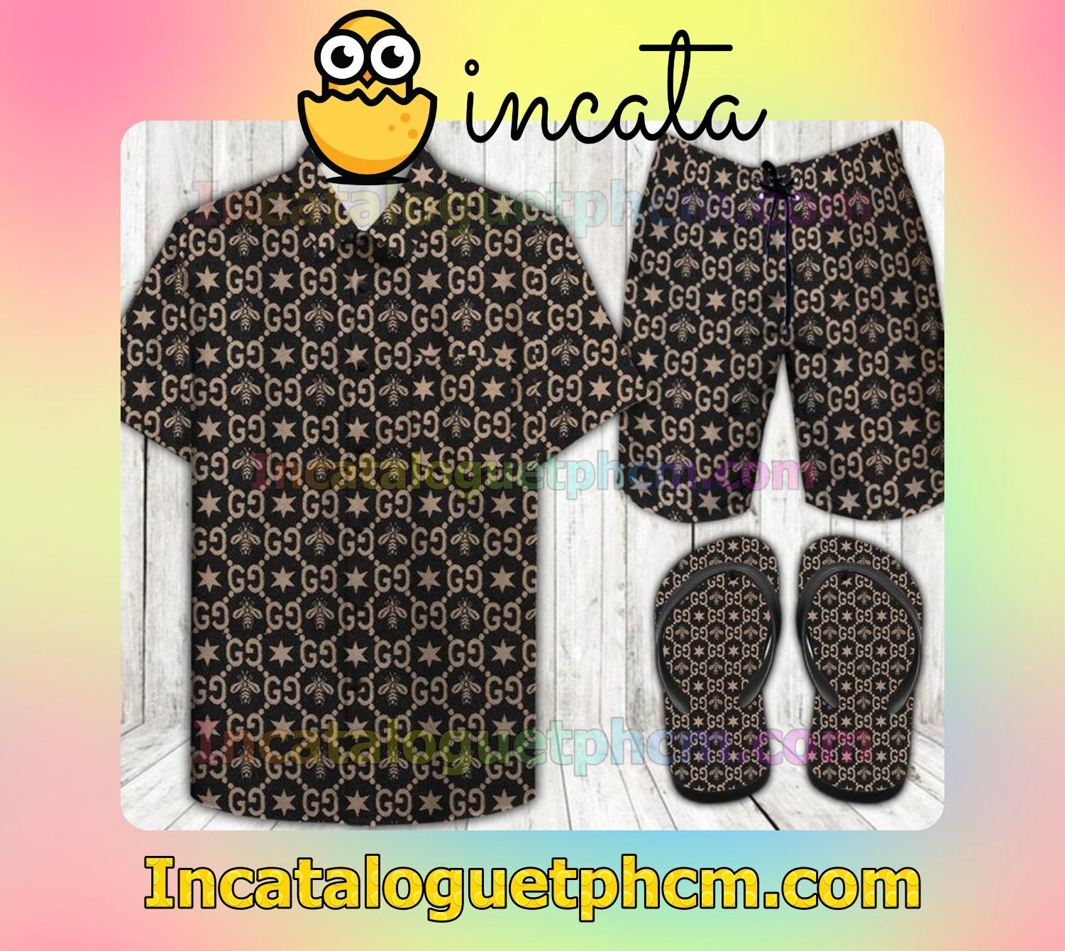 Gucci Yellow Logo On Black Aloha Shirt And Shorts