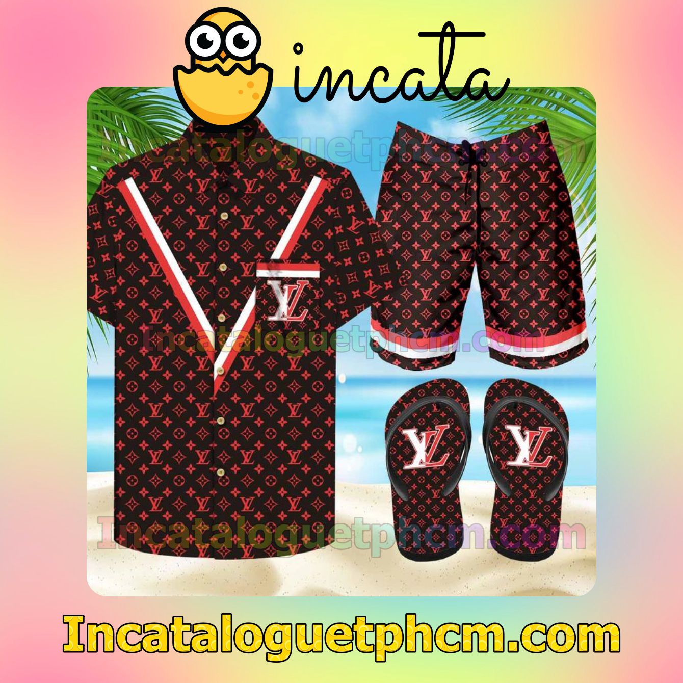 Louis Vuitton Red & Black Aloha Shirt And Shorts