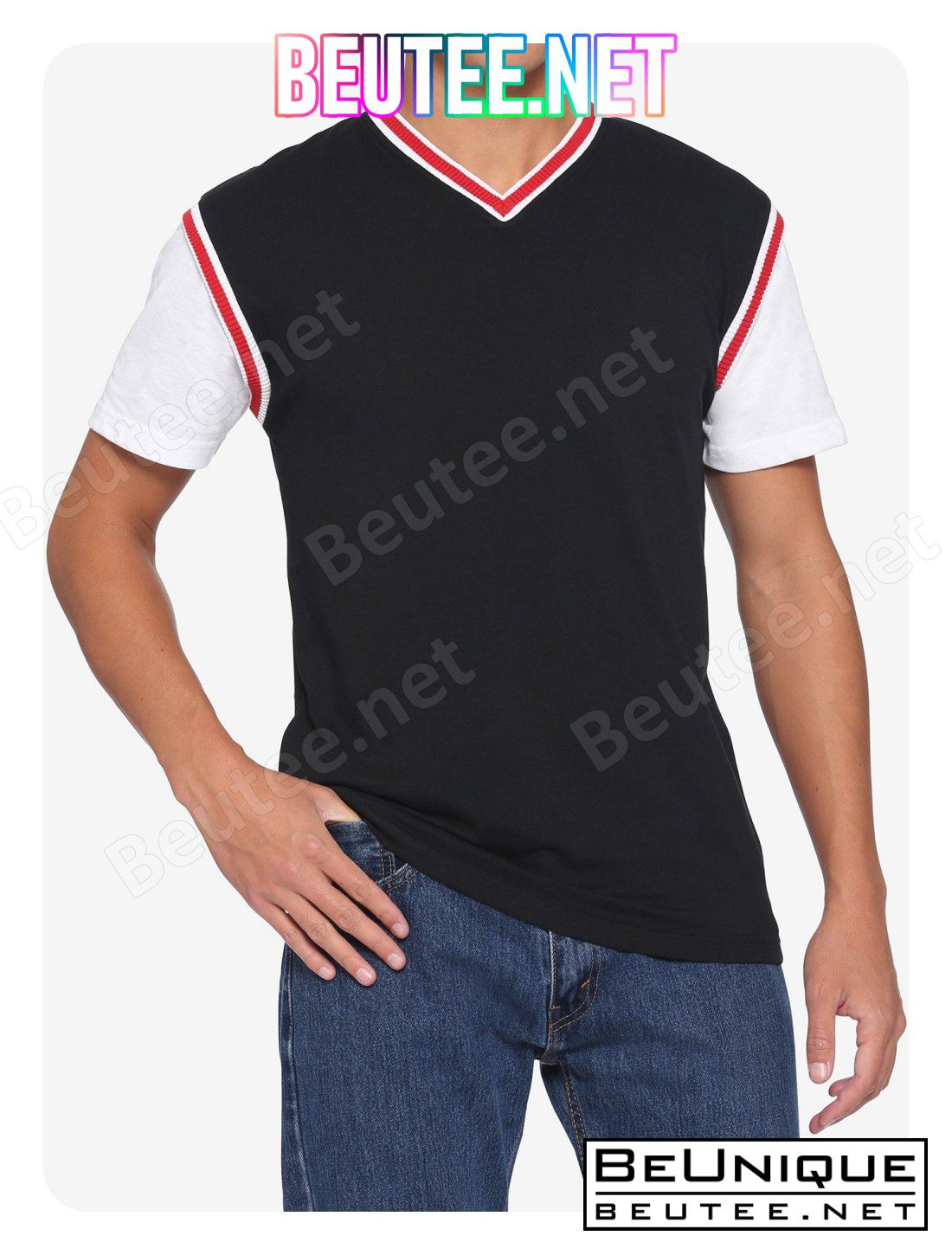 Contrasting Ribbed Twofer V-Neck T-Shirt