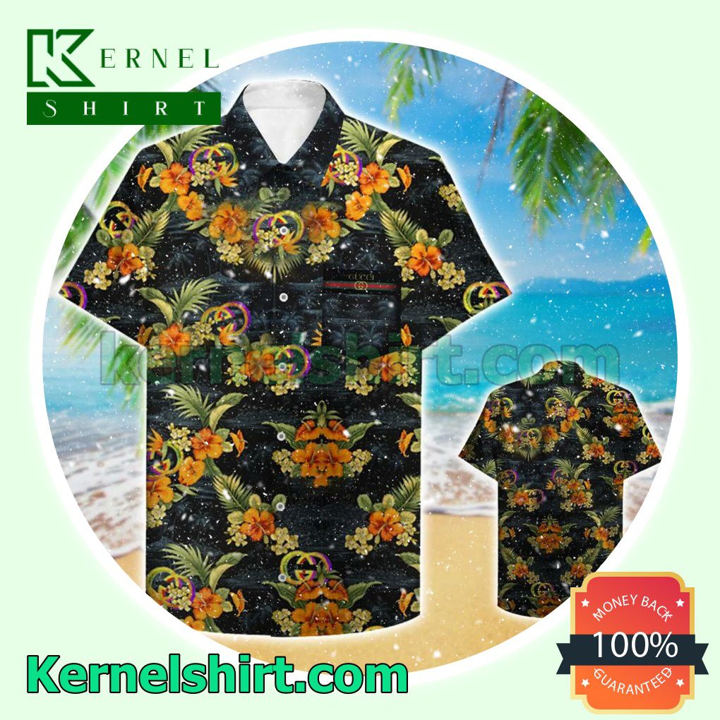 Gucci Hibiscus Tropical Pattern Black Beach Shirt