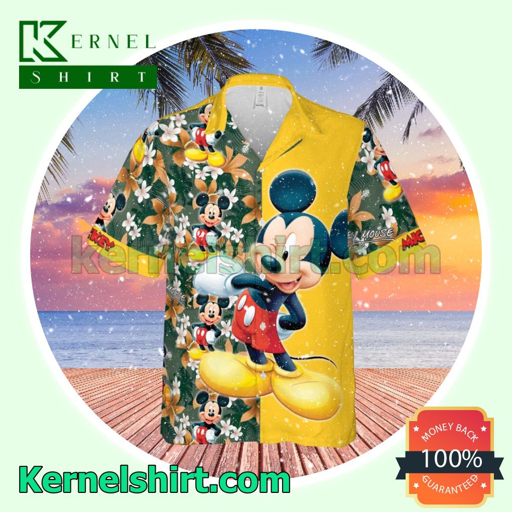 3D Happy Mickey Disney Cartoon Graphics Floral Pattern Yellow Aloha Beach Hawaiian Shirt