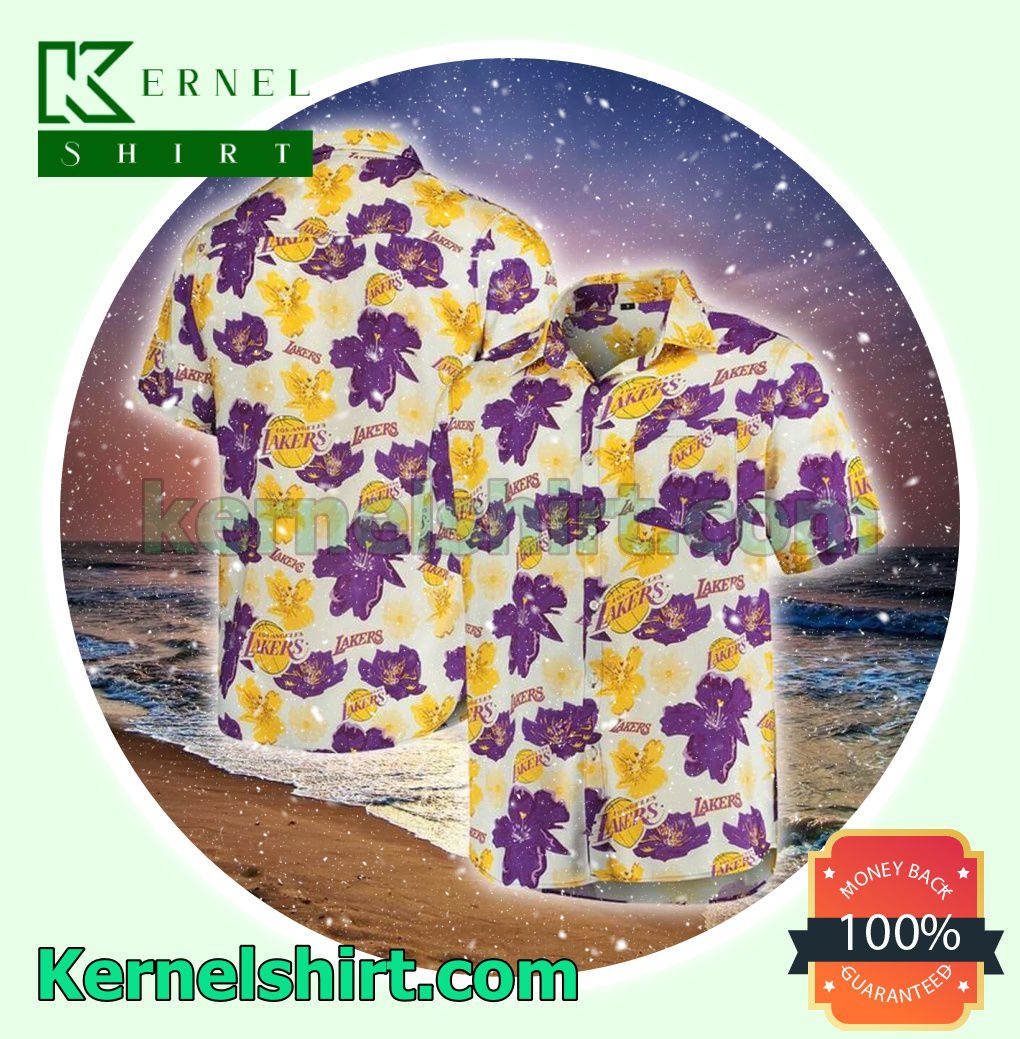 Los Angeles Lakers Yellow And Purple Hibiscus Flowers Beach Shirt