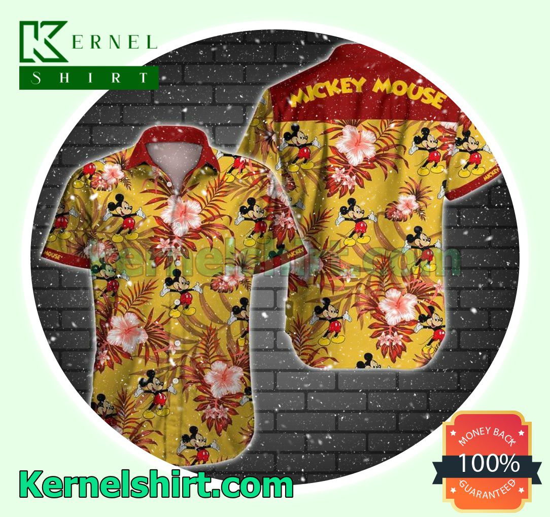 Mickey Mouse Red Hibiscus Palm Leaves Yellow Beach Shirt