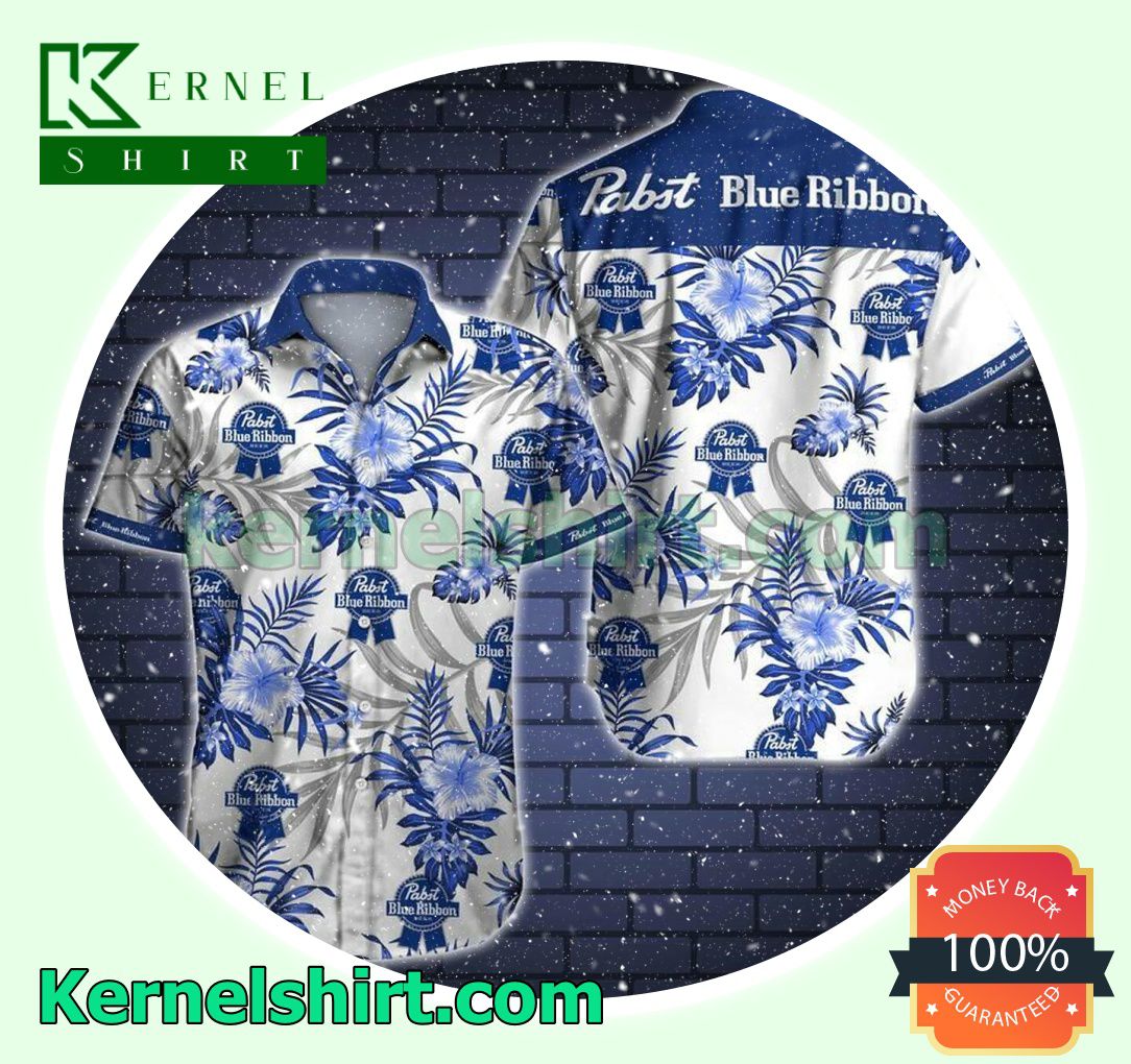 Pabst Blue Ribbon Blue Tropical Pattern Beach Shirt