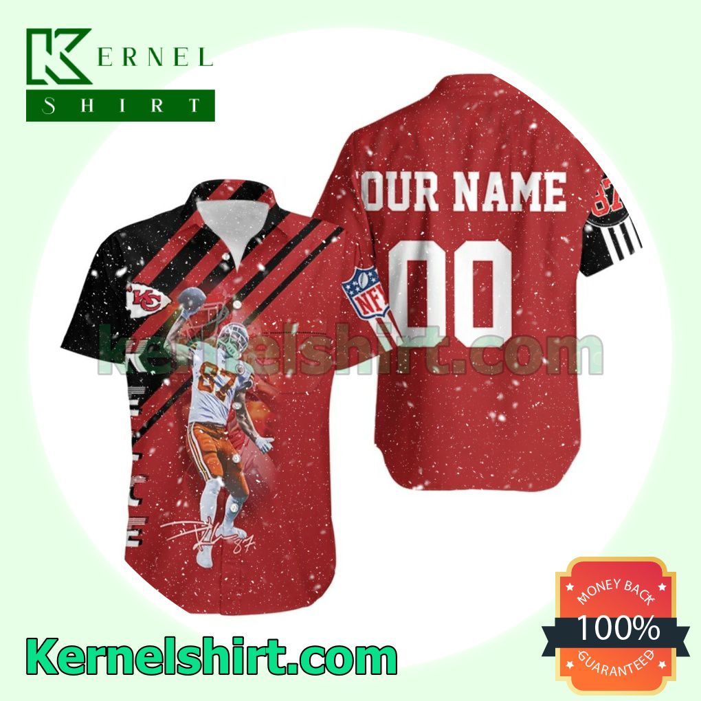 Personalized Travis Kelce 87 Signature Kansas City Chiefs Red Black Beach Shirt