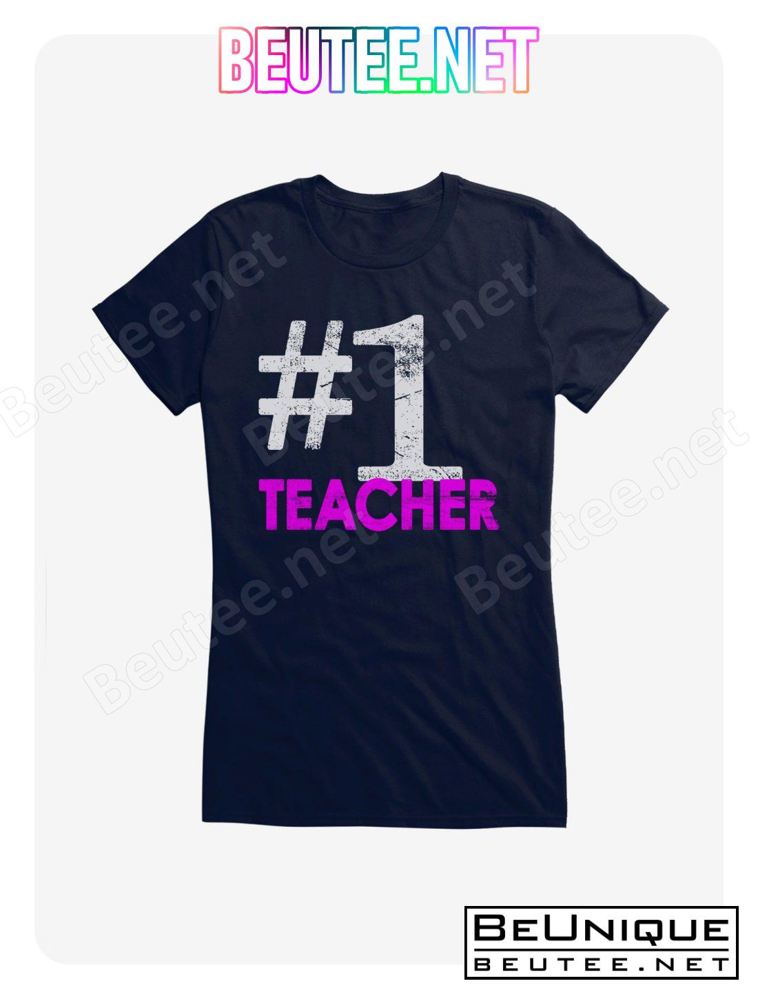 ICreate Number 1 Teacher Pink Text T-Shirt