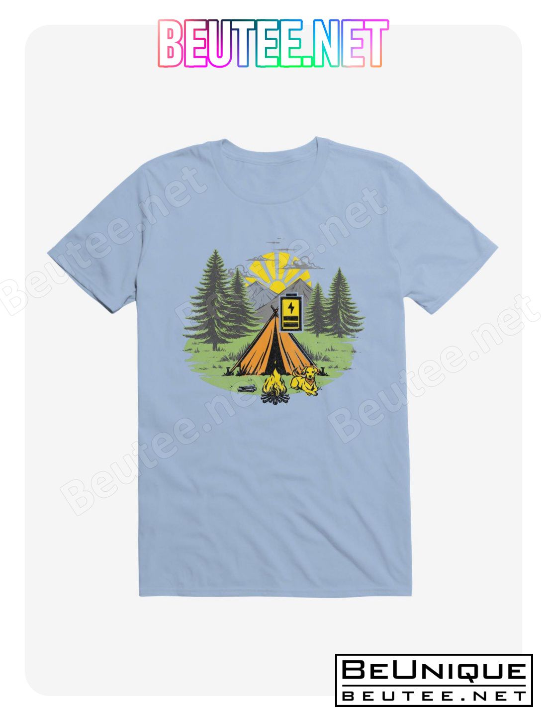 Recharging Offline Camping Dog Light Blue T-Shirt