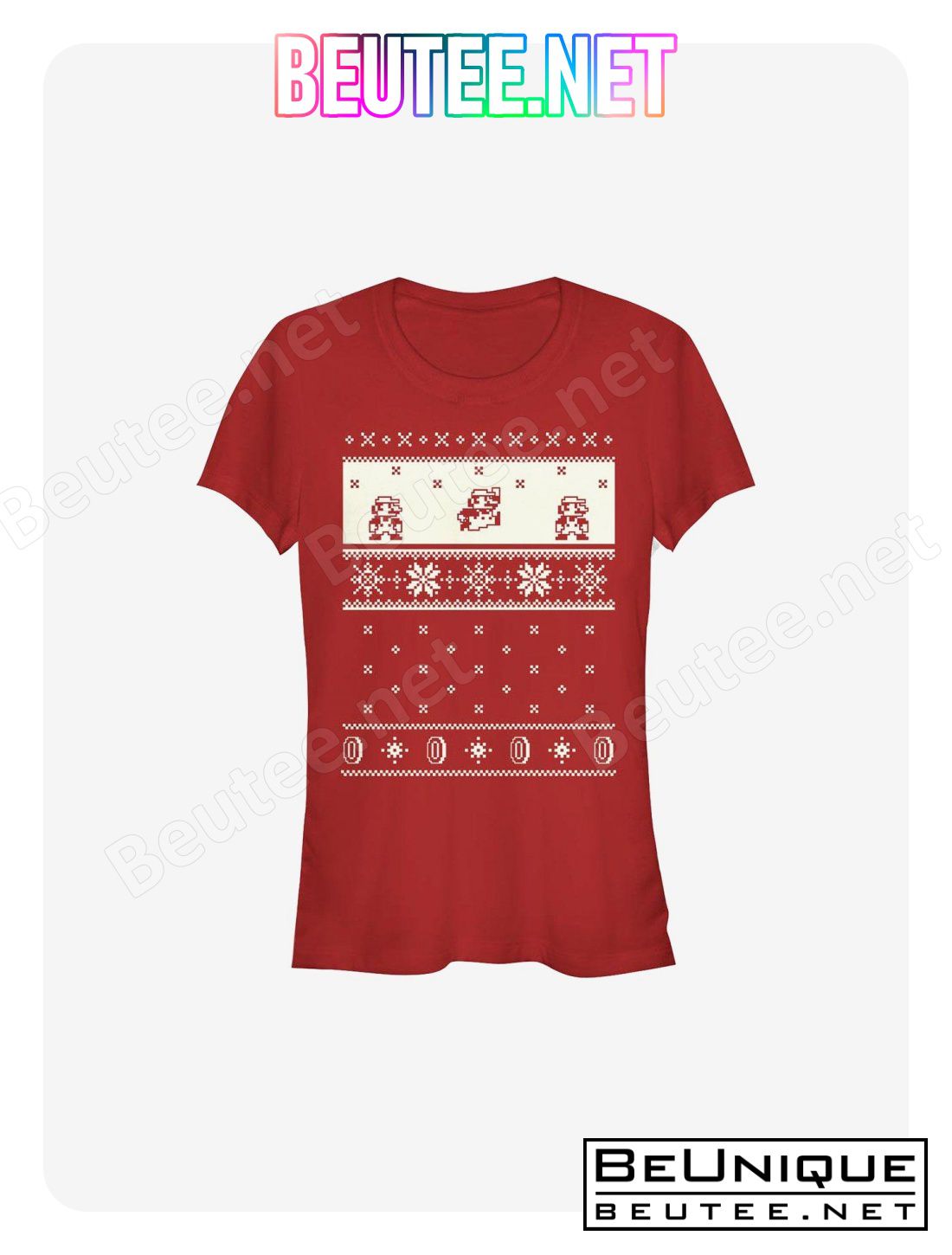 Super Mario Cream Christmas Pattern T-Shirt